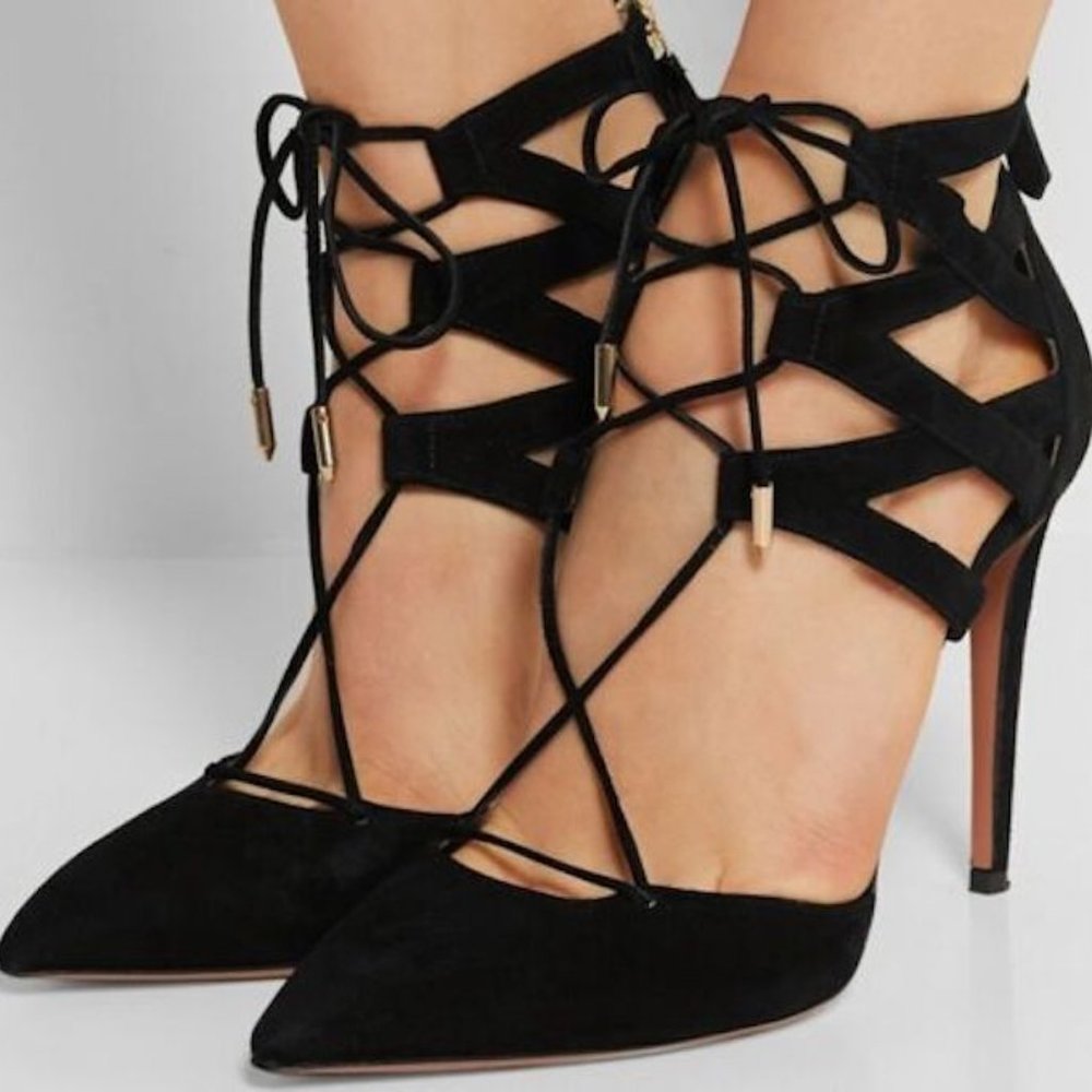 Aquazzura Belgravia Lattice Suede Pointed Toe Black Pumps